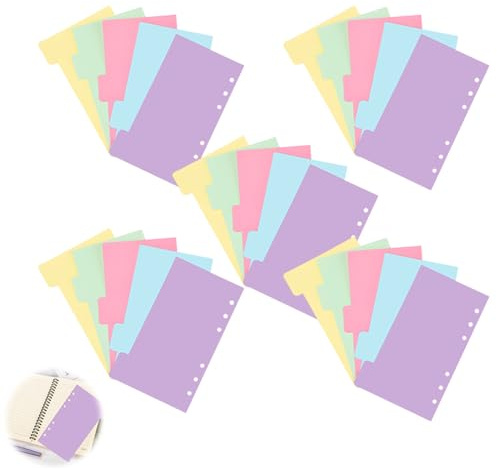25 stycken A5-skiljeblad, färgade register A5 för ringpbok, färgglada mappar register av papper, ringpärmsinlägg A5-indexskiljeremsor för anteckningsbok planerare organisation, 5 färger (liggande