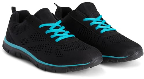 Get Fit Men’s Lightweight Cushioned Trainers - Breathable Mesh Gym Running Shoes - Comfortable Lace-Up Athletic Sneakers, Shock-Absorbing Non-Slip Sole - Black/Turquoise - 7
