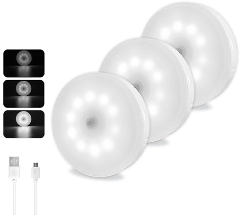 Akynite 0.5W Lampada Sensore di Movimento USB Ricaricabile, 10 LEDs, Luce Fredda & Dimmerabile, Luce Armadio con Rilevatore Movimento senza Fil, Luce LED Magnetica per Scale, Luce Notturna, set di 3