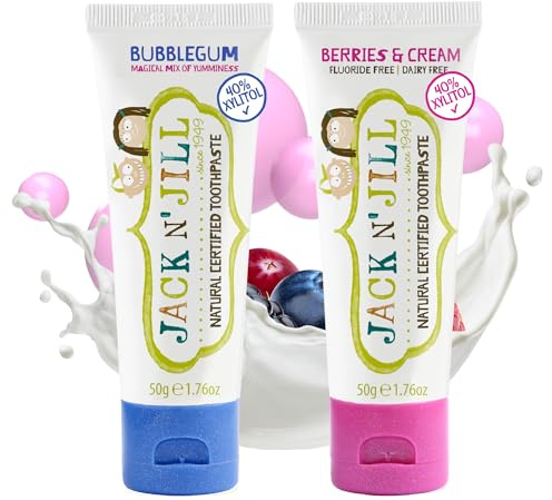 Jack N’Jill Dentifrice naturel pour enfants, dentifrice sans fluorure, aide à apaiser les gencives, dentifrice pour bébé, tout-petit et enfants de 6 mois plus Bubblegum et baies et crème Bundle 2x50g
