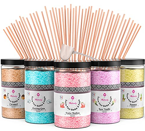 Misskandy®, sucre barbe à papa pour machine/lot de (5 * 300Gr)= 1,5kg/ arômes :Fraise, Vanille, Ananas, Caramel, Chewing-gum/poudre barbapapa+ 50 bâtonnets de 30 cm (offerts)… (pack doré)