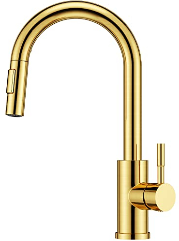 FORIOUS Robinet Cuisine, Mitigeur Cuisine Douchette, Pivotant à 360° d'Évier à Arc Élevé Pulvérisateur Escamotable 2 Modes, Or Brossé