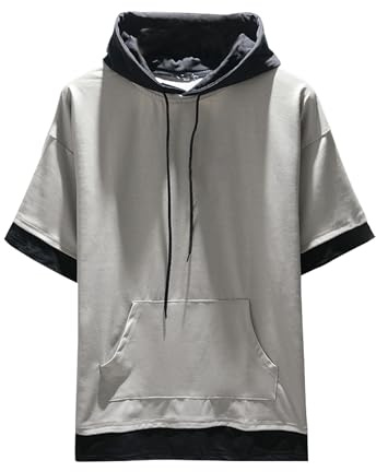 Covisoty Maglietta con Cappuccio Uomo in Cotone Estate Manica Corta T-Shirt Colori Contrastanti Felpa con Tasche Grigio S