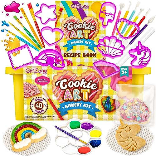GirlZone Set Cucina Bambini Decorazione Biscotti, Decora Biscotti con Accessori da Cucina come Stencil, Pennelli e Formine, Accessori Cucina Bambini Set di Decorazione per Biscotti