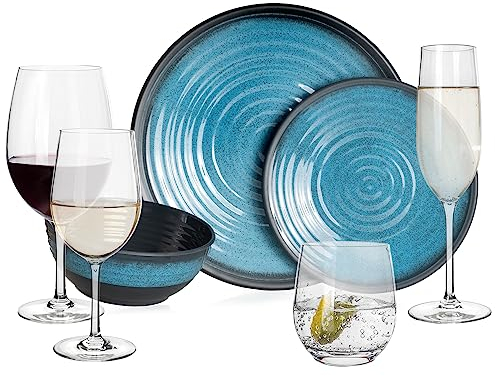 Set di stoviglie da campeggio in melamina, per 4 persone, colore blu pietra + 16 bicchieri Tiamo, bicchieri da vino, champagne
