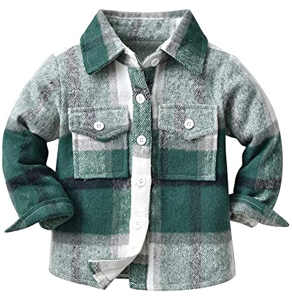 IMEKIS Camisa de franela de manga larga para niños y niñas, camisa a cuadros, chaqueta superior, blusa informal, abrigo a cuadros, para niños pequeños, otoño e invierno, verde, 6-7 Años
