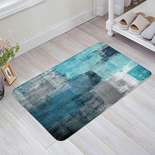 Teal Turquoise And Grey Door Mat Outdoor Indoor Kitchen Mat Abstract Art Geometric Door Mats For Home Entrance Non-Slip Bathroom Rugs Washable Floor Mats For Sink/Porch 50x80cm
