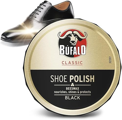 Búfalo Classic - Shoe Polish, Betún para Zapatos, Cuidado del Calzado, Crema Color Negro que Protege y da Brillo, Óptimo para Pieles Lisas y Rústicas- Lata de 75ml (Paquete de 5)
