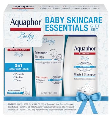 Aquaphor Baby Skin Care Essentials Gift Set with Baby Wash and Shampoo (16.9 Fl Oz) + Healing Ointment for Chapped Skin and Drool Rash (7Oz) + Diaper Rash Cream (3.5Oz), Hypoallergenic