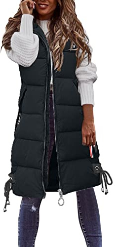 Duohropke Chaleco largo para mujer, sin mangas, largo, plumón, tallas grandes, color negro y beige, chaleco de plumón, chaqueta de invierno, chaqueta de plumón, chaleco con capucha, chaleco de