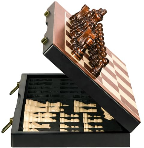 BIVOMON Chess Magnetic Wooden Chess Set 15 Unique Chess Board Game with Chess Pieces Storage Slots, Tournament Portable Folding Travel Chess Sets for Kids Adults Beginner and Pros, 2 Extra Queens