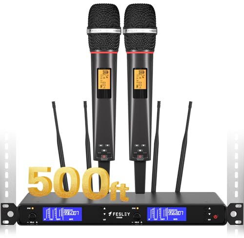 Fesley X Wireless Microphone System: Handheld 500ft UHF Range Dynamic Wireless Microphones Mic, Auto Scan Cordless Microphone and Receiver, Microfono Inalambrico for Karaoke, Church, Singing, Wedding