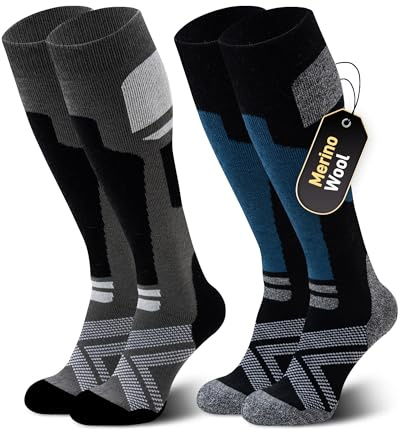 Niorasen Merino Wool Ski Socks Men Women, 2 Pairs Thermal Knee-High socks | Full Cushioned, Arch Support, Winter Thick Warm Socks; Ideal for Skiing and Snowboarding; Outdoor Sports, Hunting and Hiking