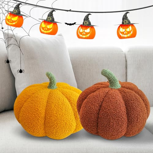 Afenau Lot de 2 coussins en forme de citrouille 3D doux pour Halloween, décoration d'intérieur pour voiture, chambre à coucher, canapé, salon (jaune, marron) 23 cm