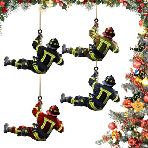 4 Stück Feuerwehrmann Weihnachten Deko, Feuerwehrmann Ornamente Zum Aufhängen, Christbaumschmuck Feuerwehrmann Anhänger, Weihnachtsdekoration Zum Aufhängen für Baum, Wandfenster