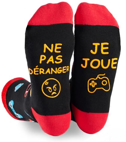 Chaussettes Humoristiques Homme 43-46 Cadeau Homme Chaussette Fantaisie Humour Rigolo Drôle Cadeau Anniversaire Noël Papa (FR/ES, Numérique, 43, 46, Taille normale, Taille normale, Rouge-jeux-1)