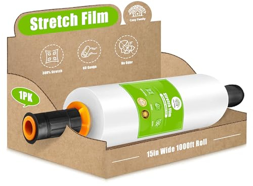 Cosy Family Plastic Wrap Stretch Film Roll - 1000ft 60 Gauge Industrial Strength 15 inch Wide Clear Plastic Wrap Roll with Handles for Pallet Wrapping Shipping Moving - Clear, Pack of 1