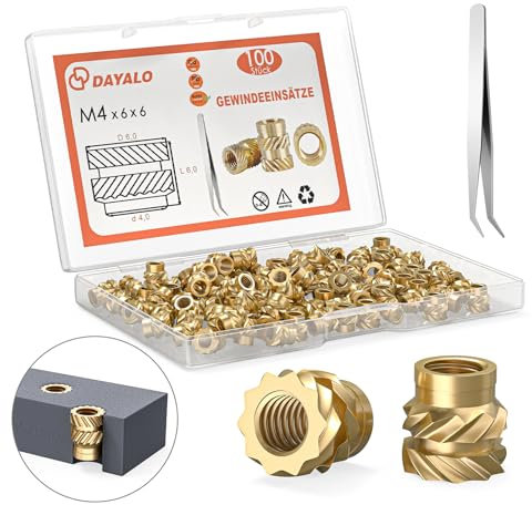 Dayalo Inserto de rosca M4, 100 unidades M4 x 6 x 6 tuercas de presión para accesorios de impresión 3D, casquillos roscados de latón, insertables por calor en piezas de impresión 3D de plástico