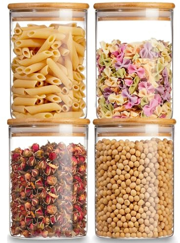 Eidoct Glass Storage Jars with Lids High Borosilicate Glass Clear Airtight Food Storage Container Jar with Sealing Lid, Tea, Coffee Beans, Flour, Candy, Cookie, Spice, Cereal (750ML-4Pcs)