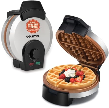 Gourmia Belgian Waffle Maker – Compact Design with Upright Storage, Adjustable Browning, and Easy-Clean Nonstick Ceramic Plates, Stainless Steel