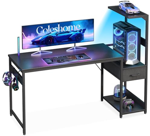 Coleshome 138×48 cm Gaming Desk with LED Lights, Reversible Computer Desk with Drawers & Display Shelves, Gaming Table with Headphone Hook, Carbon Fiber Black
