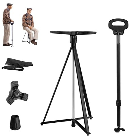 Bastón con asiento, 2 en 1 con bolsa de transporte, bastón plegable para adultos y mayores, peso ligero, carga 150 kg, asiento de trípode resistente para exteriores