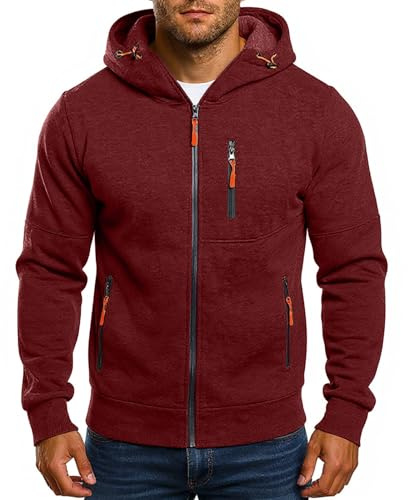 Chaqueta De Hombre Invierno Polar Sudadera Hombre con Capucha Deportiva Termicas Sudaderas Sueter Cremallera Casual Básica Ropa De Trabajo Hoodie Sweatshirt(Vino,XL)