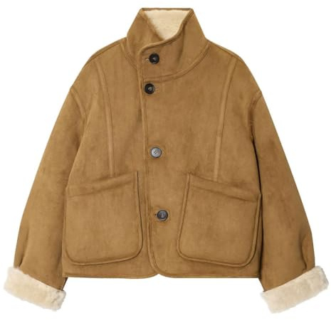 GGUHHU Faux Leather Jacket for Women, Stand Collar Front Zipper Thick Windbreaker Coat (Small, Brown)