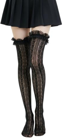 ASFWAGQ Lolita knästrumpor kvinnor kostymstrumpor hjärta randiga strumpor med mönster Dirndl Overknee spets nätstrumpor fisknät volanger asseccoires outfit