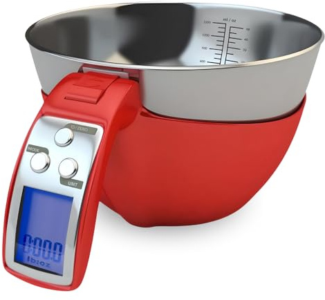 Fradel Digital Kitchen Food Scale with Bowl - 11lb, Grams & Ounces - Removable, Dishwasher-Safe Mixing Bowl - Red
