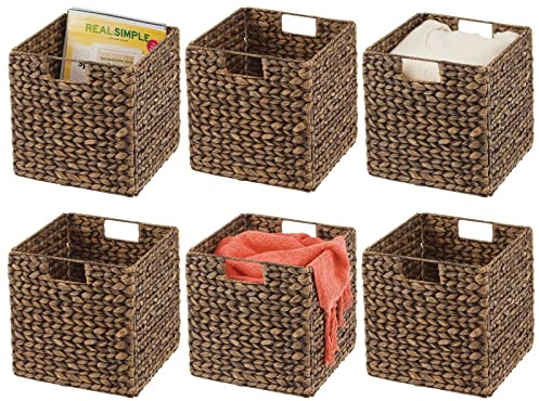 mDesign Natural Woven Hyacinth Cube Organizer Basket with Handles, Storage for Bathroom, Laundry Room Shelf or Nursery - Perfect for Cubby Storage Units - Hold Blankets and Books - 6 Pack, Brown Wash
