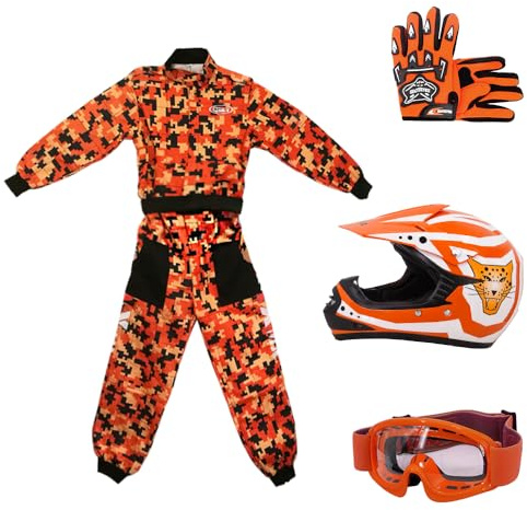 Zorax ZOR-X17 Youth Motocross Helmet & Gloves & Goggles & Camo Suit | Helmet Orange M (51-52cm) - Gloves M(6cm) - Suit M(7-8 Years) Children Dirt Bike Off Road Motorbike Helmet ECE 2206