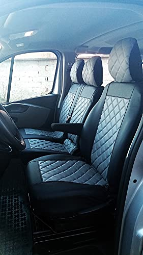 Vordersitzbezüge 2 + 1, passend für Renault Trafic, Opel Vivaro 2015 + Linkslenker, Öko-Leder, Schwarz/Grau