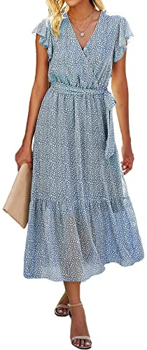 SEVETAT Vestido largo de gasa para mujer, estilo bohemio, con cinturón, vestido de verano, vestido de fiesta, elegante cuello en V, vestido de flores, vestido de noche, vestido de cóctel, vestido de