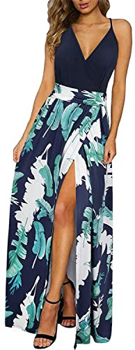 UUAISSO Vestido Bohemio De Verano para Mujer Tirantes Finos Cuello en V Color Sólido Floral Playa Largo Maxi Vestido
