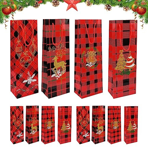 12 Pack Bolsas de vino de Navidad, Bolsas de botella de vino de Navidad a cuadros rojos y negros, Bolsas de regalo de vino de Navidad, Bolsas de Navidad para botellas para invierno Xmas Decoración