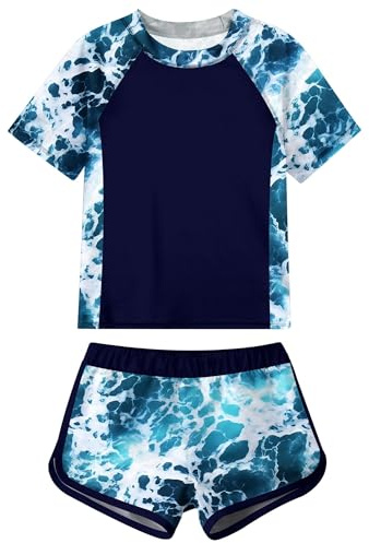 Idgreatim Girls 2 Piece Swimuits Blue Rash Guard Bathing Suits for Beach 3D Seawater Swimwear with Swim Shirt and Shorts Size 10-11 Years