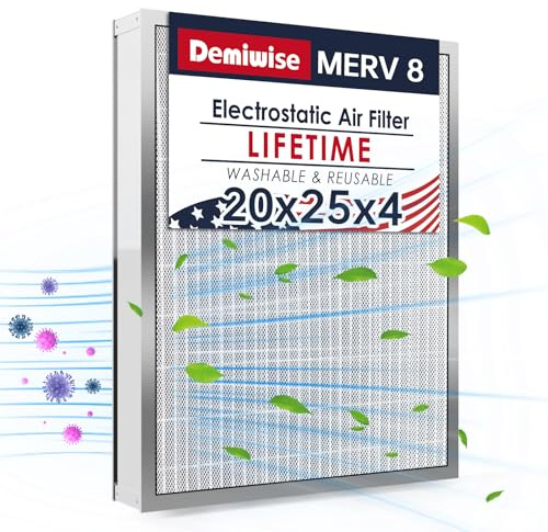 Demiwise 20x25x4 Washable Electrostatic Air Filter, MERV 8 Aluminum AC/HVAC Furnace Filter, Reusable Permanent Air Filter, Lasts a Lifetime, Increases Airflow(Actual Size:19.37x 24.37x 3.58)