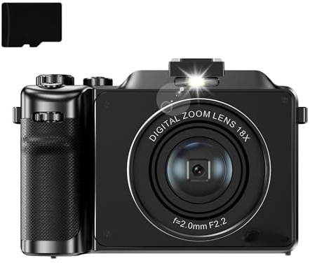 48 MP 4K-digitalkamera, 18x digitalzoom, integrerat fyllningsljus, anti-skakning, autofokus, dubbel kamera med 32 GB TF-kort (svart)