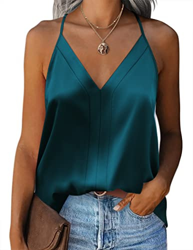 Zeagoo Damer satin cami top undertröjor spagettiremmar basic topp justerbar spaghetti rem V-ringad camisole linne topp, Grön, XL