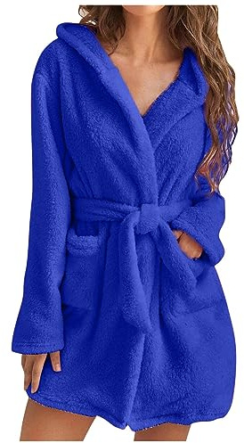 NZYIHAO Peignoir en polaire pour femme - Pyjama d'hiver avec capuche - Élégant - Couleur unie - Chemise de nuit en peluche - Kimono moelleux - Grandes tailles - Vêtement de détente - Ceinture -