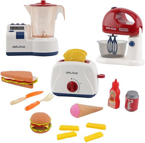 Kinderküche Spielset,Küchengeräte Spielzeug Set mit Saftpresse, Mixer, Toaster,Spielküche Zubehör mit Realistischen Lichtern und Geräuschen, Rollenspiel Set für Kinder 2 3 4 5 Jahren