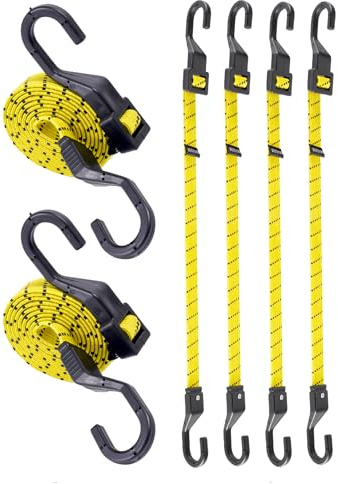 6 Pcs 48 Inch Flat Adjustable Bungee Cords with Hooks, 3X Faster to Adjust The Length, Lucky Straps Black/Yellow Heavy Duty Bungee Straps for Cargo, Bike, Cart, Tent, Truck, Camping, Outdoor, etc