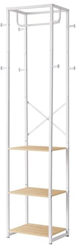 IBUYKE Garderobenständer, freistehender Garderobenständer mit 3 Ablagen und 8 Haken, Industrieller Kleiderständer für Eingang, Flur, Schlafzimmer, 180 x 40 x 30 cm, Natur und Weiß TMJ088R
