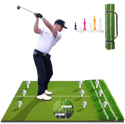 DCQ Real Feel 5x4ft Golf Hitting Mat, Large Golf Mat, Dual Turf, Fairway & Rough Artificial Grass, Golf Practice Mat Indoor & Outdoor Use, Driving & Chipping Pad with Cushion, Golf Simulator Mat