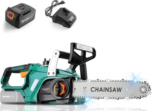 Motosierra Eléctrica Bateria con 20V Li-Ion Batería, 4000 mAh Sierra de Cadena de Longitud de Corte de 30,5 cm, 12'' Motosierra Electrica con Cadenas/Guías/Cargador, Motor Eléctrico sin Escobillas