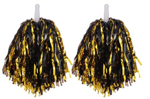 SHINROAD Lightweight Cheer Pom Poms Spectator Cheering Gear Metallic Foil Cheerleader Pom Poms 2pcs Hand Flowers for Sports Competitions Celebrations Black & Gold