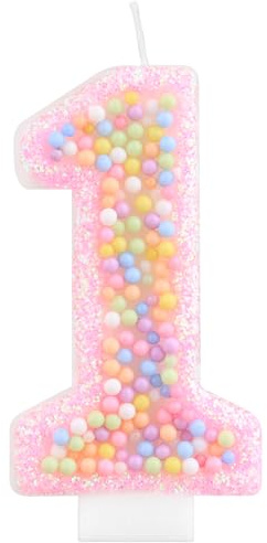 Velas de cumpleaños número 1 de macarrón rosa para niñas, vela de macarrón pastel arco iris número 1 para pastel, decoración de pastel de cumpleaños de un año para niña, decoración temática dulce para