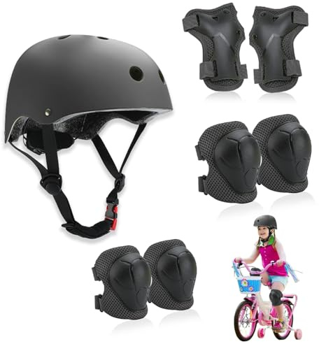 Zyluniy Protection Roller Enfant, 7 Pcs Sets de Protection Rollers, Réglables Coudières Genouillère, Casque Vélo Enfant Kit pour Roller, Vélo, Skateboard, Trottinette - Noir