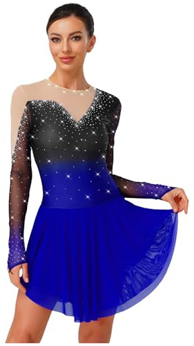 Fldy Robe de patinage artistique pour femme - Manches longues - Paillettes - Dégradé de couleurs - Body avec jupe irrégulière - Ballet - Compétition - Tenue de danse, bleu roi, L